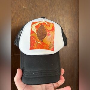 NWT Handcrafted Black and White Trucker Hat with Leaf Painting